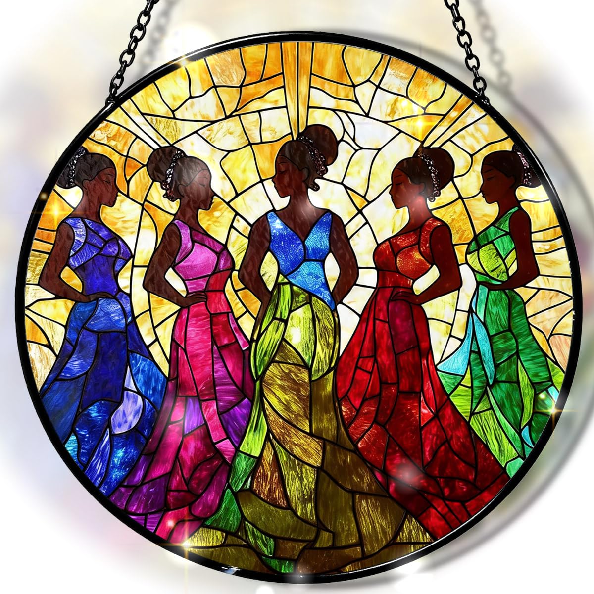Greatingreat Stained Glass Window Hanging, Home Room Decor 7.8 Inch African American Women Sun Catchers Indoor Window, Cultural Wall Art Home Decor for Women Mother's Day