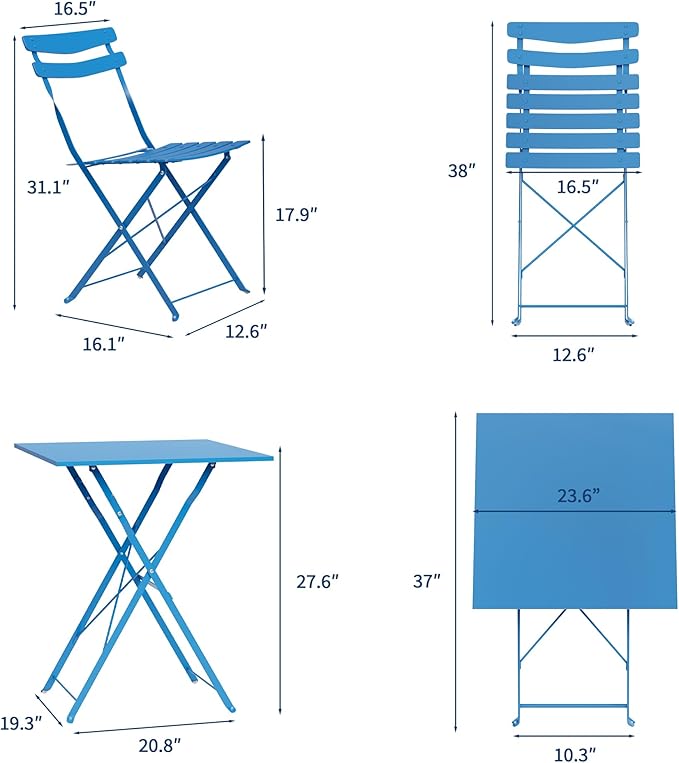 GarveeLife 3 Piece Patio Bistro Set, Folding Patio Bistro Table and Chairs Set