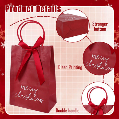 JarThenaAMCS 48Pcs Merry Christmas Kraft Paper Gift Bag with Bow Red Green Treat Bags with Handles Candy Goodie Bags for Winter Xmas Holiday Birthday Wedding Party Favors Supplies