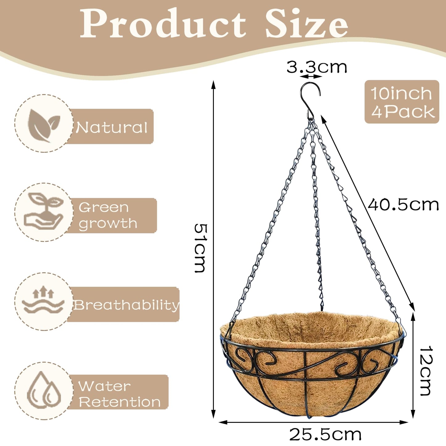 EIMQUVW Outdoor Metal Hanging Planters Basket (4pack, 10 inch) Hanging Baskets for Plants Chain Round Wire Plant Holder with Coco Fiber Liners for Garden, Patio, Deck, Porch(Flower Border)