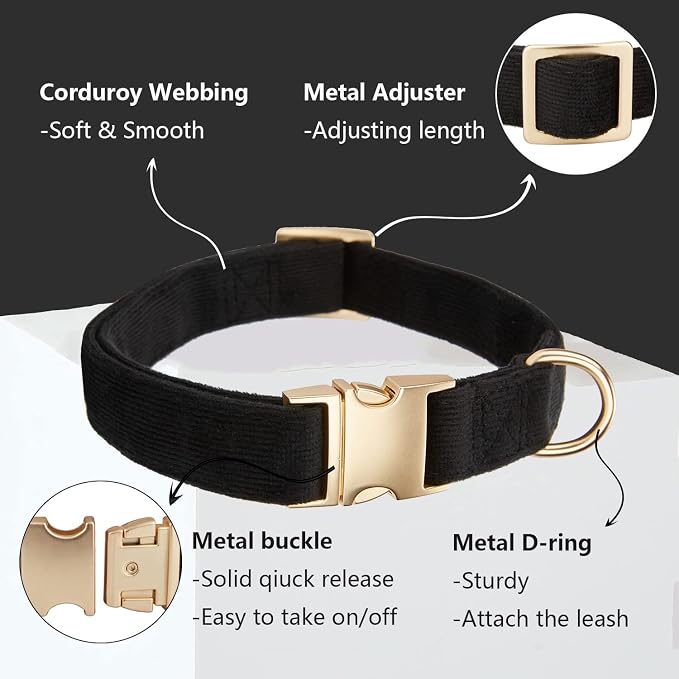 Soft Corduroy Dog Collar and Leash Set Adjustable Durable Dog Collars with Metal Buckle and Lead for Medium Dogs,Black