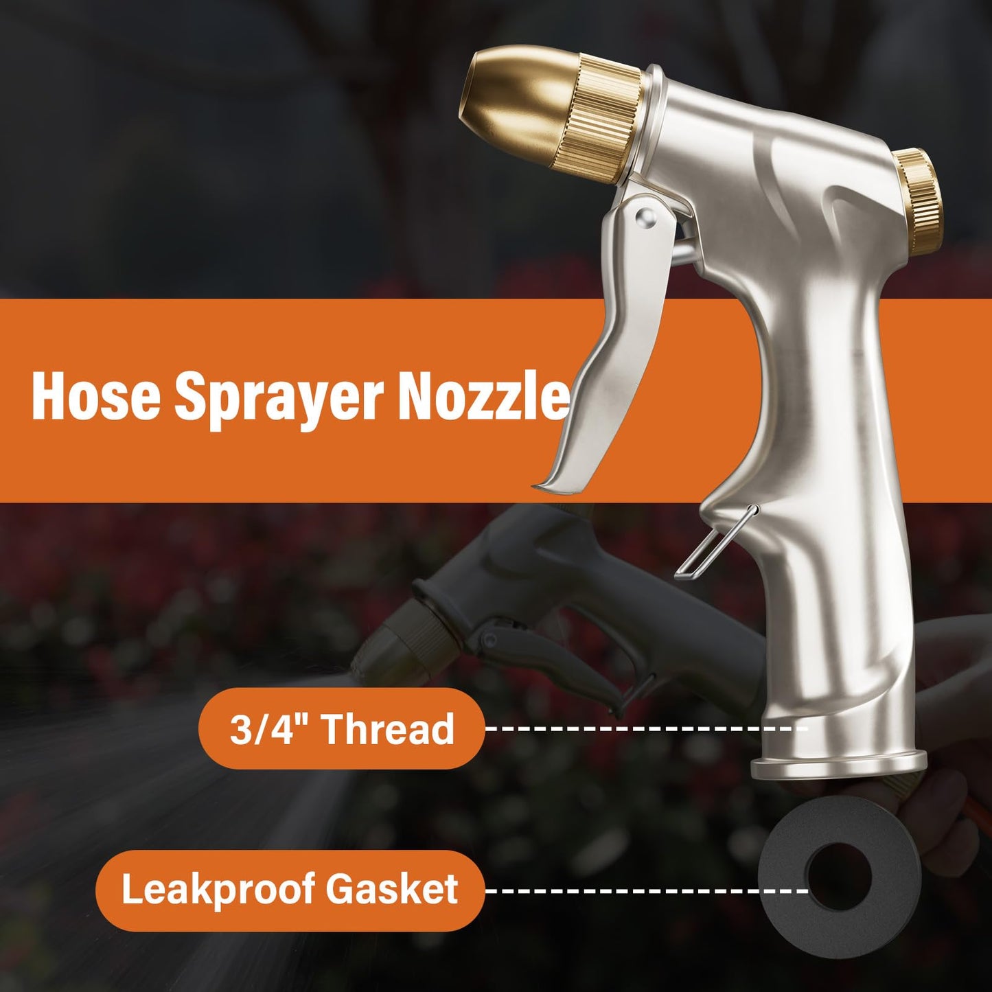 Garden Hose Nozzle with Full Brass Nozzle, 100% Metal Hose Sprayer with 4 Adjustable Patterns, Heavy Duty Water Nozzle for Garden, Lawns, Cars, Showering Pet & Windows