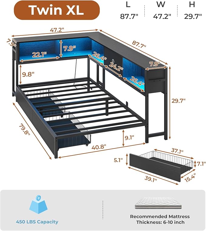 DICTAC Corner Bed Frame with 2 Storage Drawers and Bookcase Headboard Twin XL