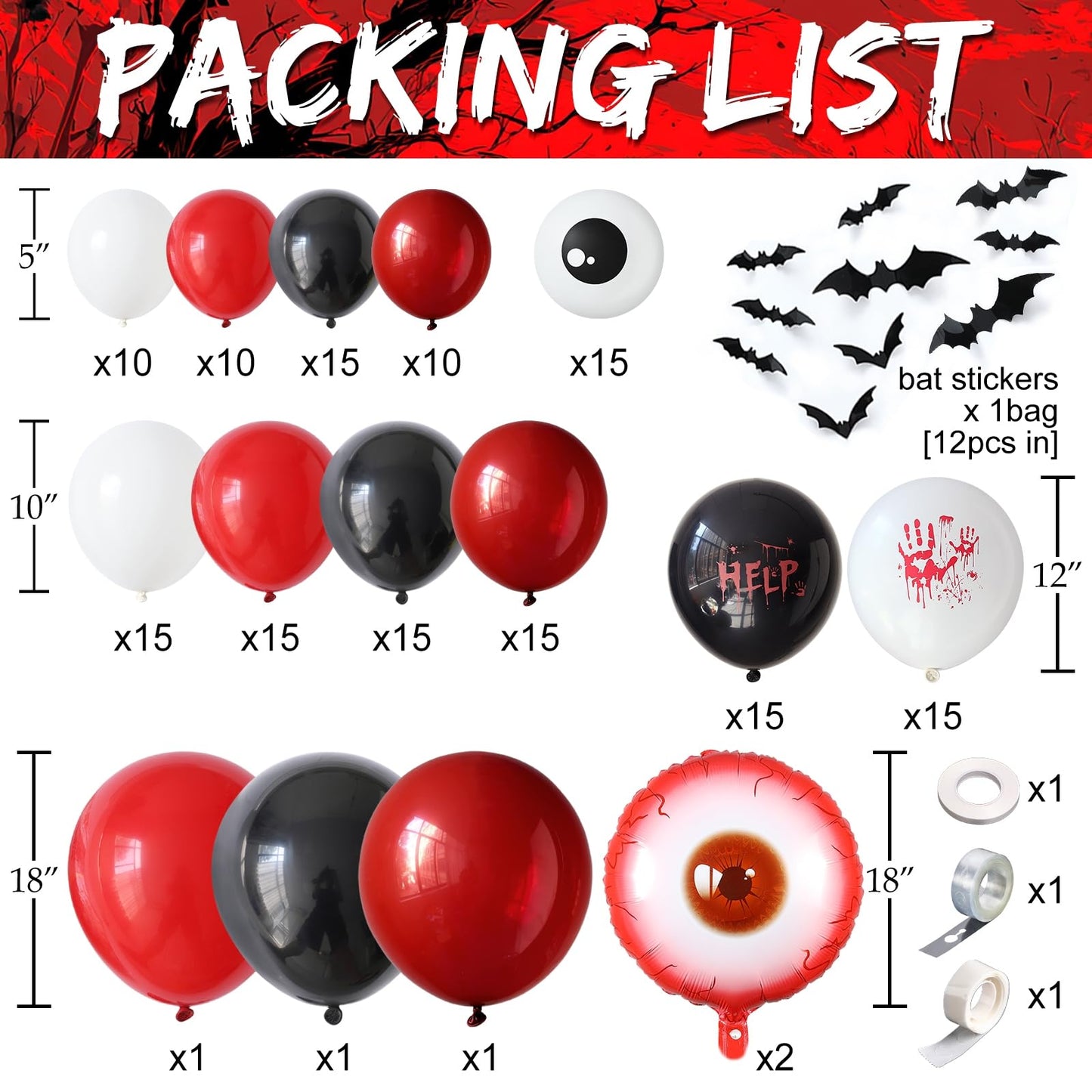 Bloody Scary Halloween Balloon Arch Kit,159Pcs Red Black White Bloody Handprints Balloon Garland with Eyeball Foil Balloons,3D Bat Stickers for Horror Movies Night Killer Birthday Party Decorations