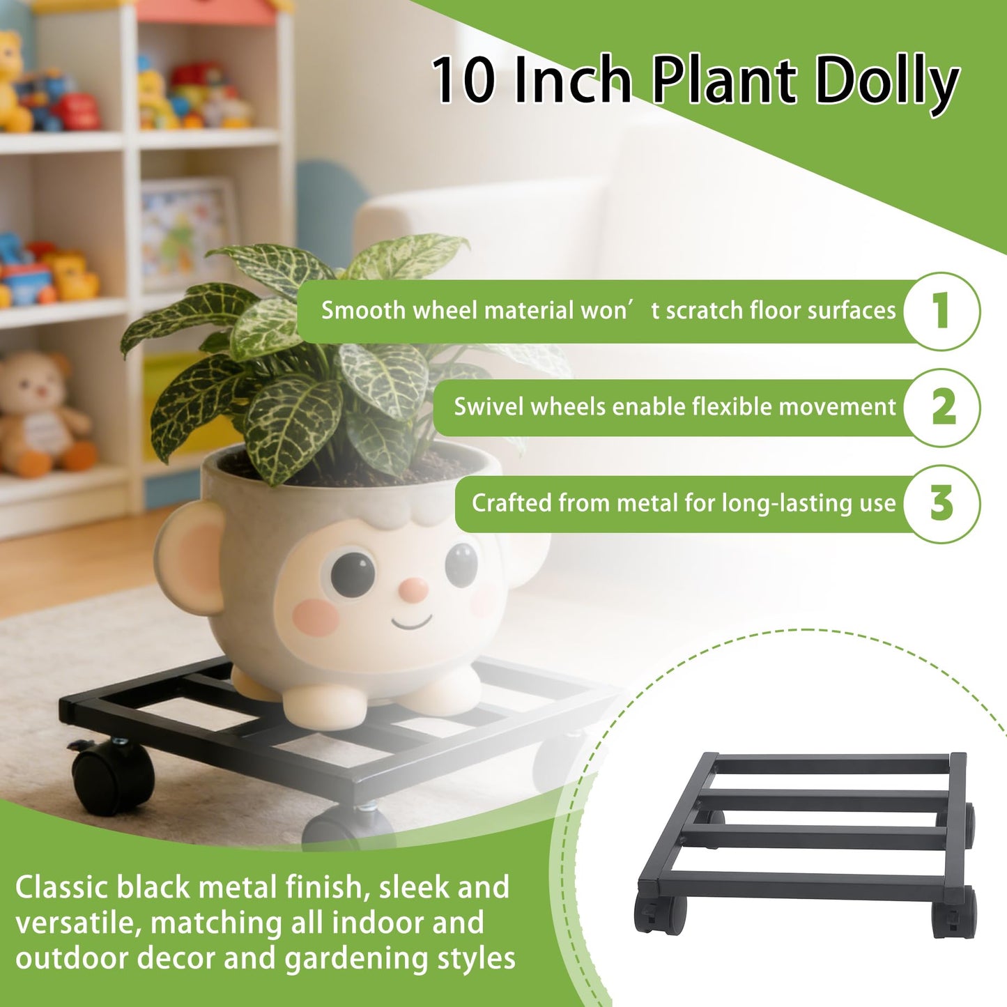 HOSTIC 3 Packs 10in Plant Caddy with Lockable Wheels Large Metal Plant Caddy Square Planter Dolly Pot Mover Rollers Indoor Outdoor Plant, Capacity for 150 Pounds of Flower Pots Black