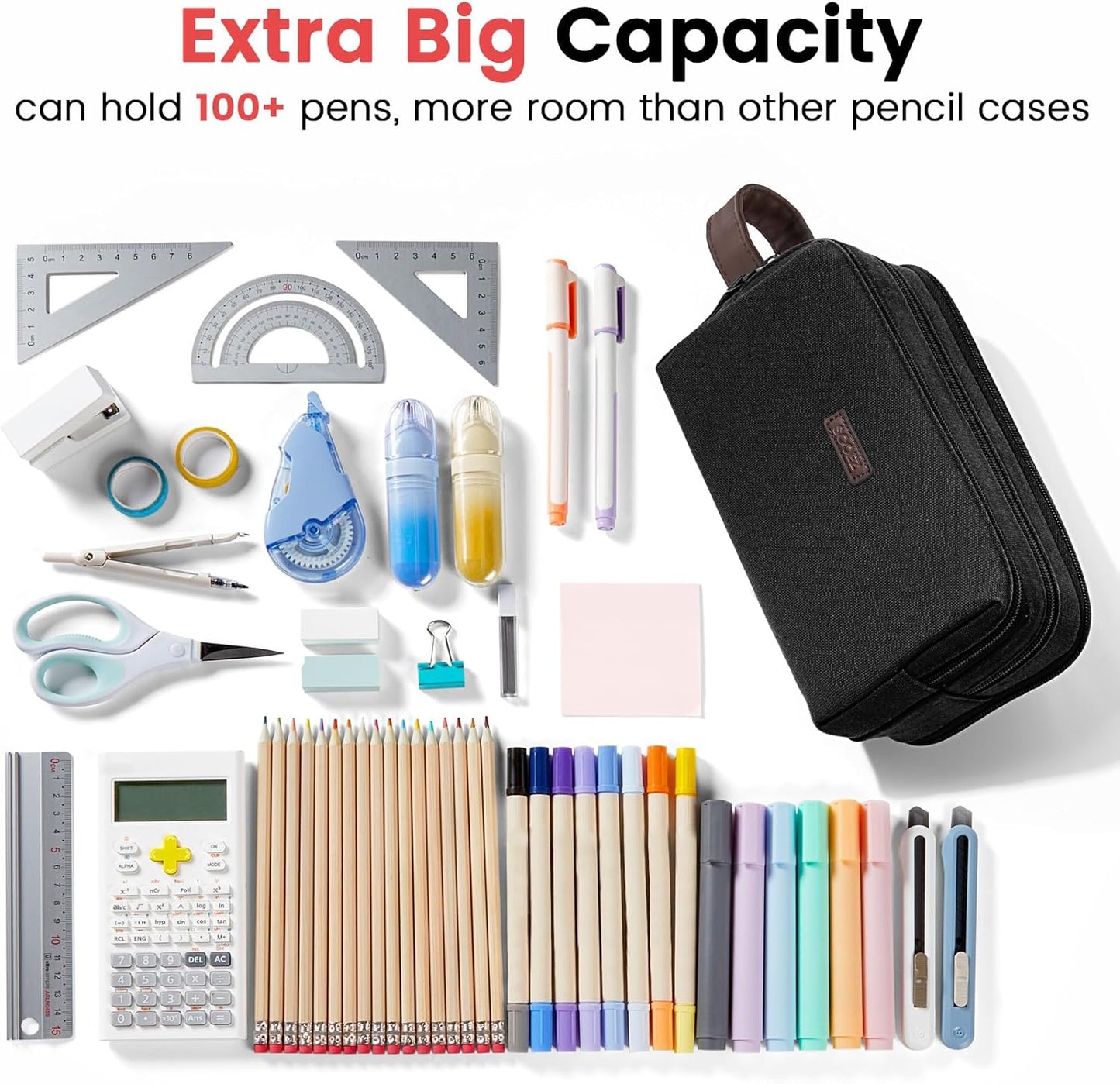 Sooez Large Pencil Case Pouch, Extra Big Pencil Pouch Pencil Bag with PU Handle & Zipper, Sturdy Pen Case with 3 Compartments, Aesthetic School College Supplies Organizer for Men Women Boys, Brown