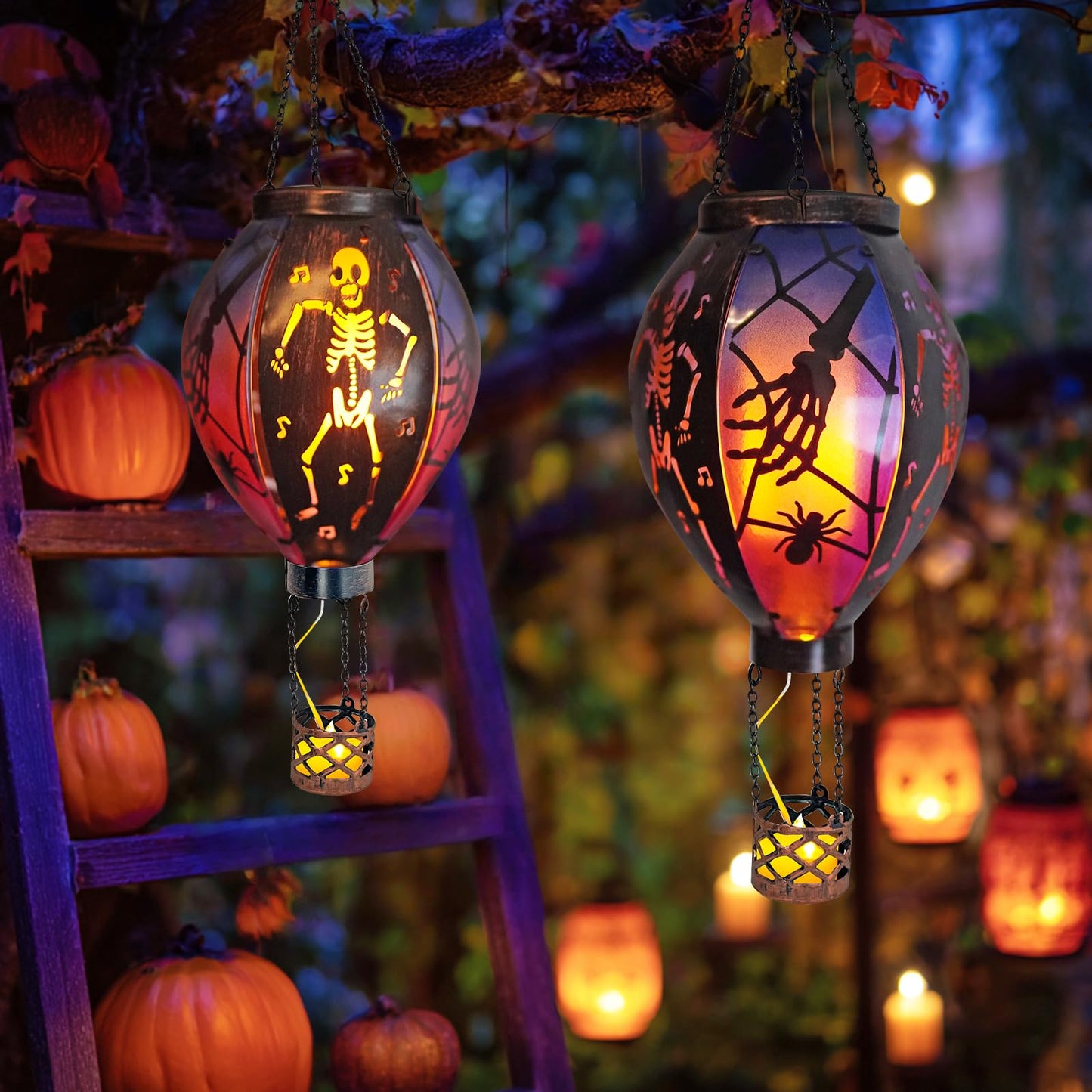 Halloween Outdoor Decorations Hot Air Balloon Solar Lantern with Flickering Flame, Hanging Outdoor Lanterns with Skull Pattern Hollowed-Out Design Halloween Party Decor for Garden, Patio (Halloween)