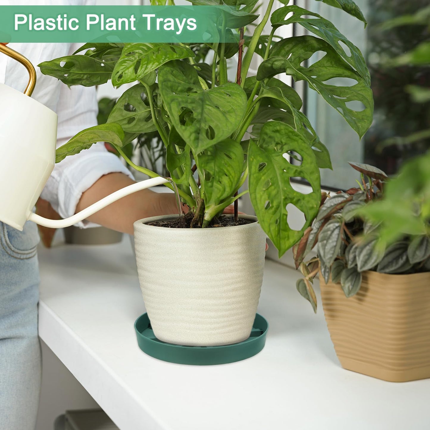 M METERXITY 2-Pack Plant Saucer, 9 Inch Flower Pot Saucers, Thicker Anti-Rot Root Plastic Plant Saucer for Indoor/Outdoor Potted Plant/Plant Water Catcher Tray [Green]