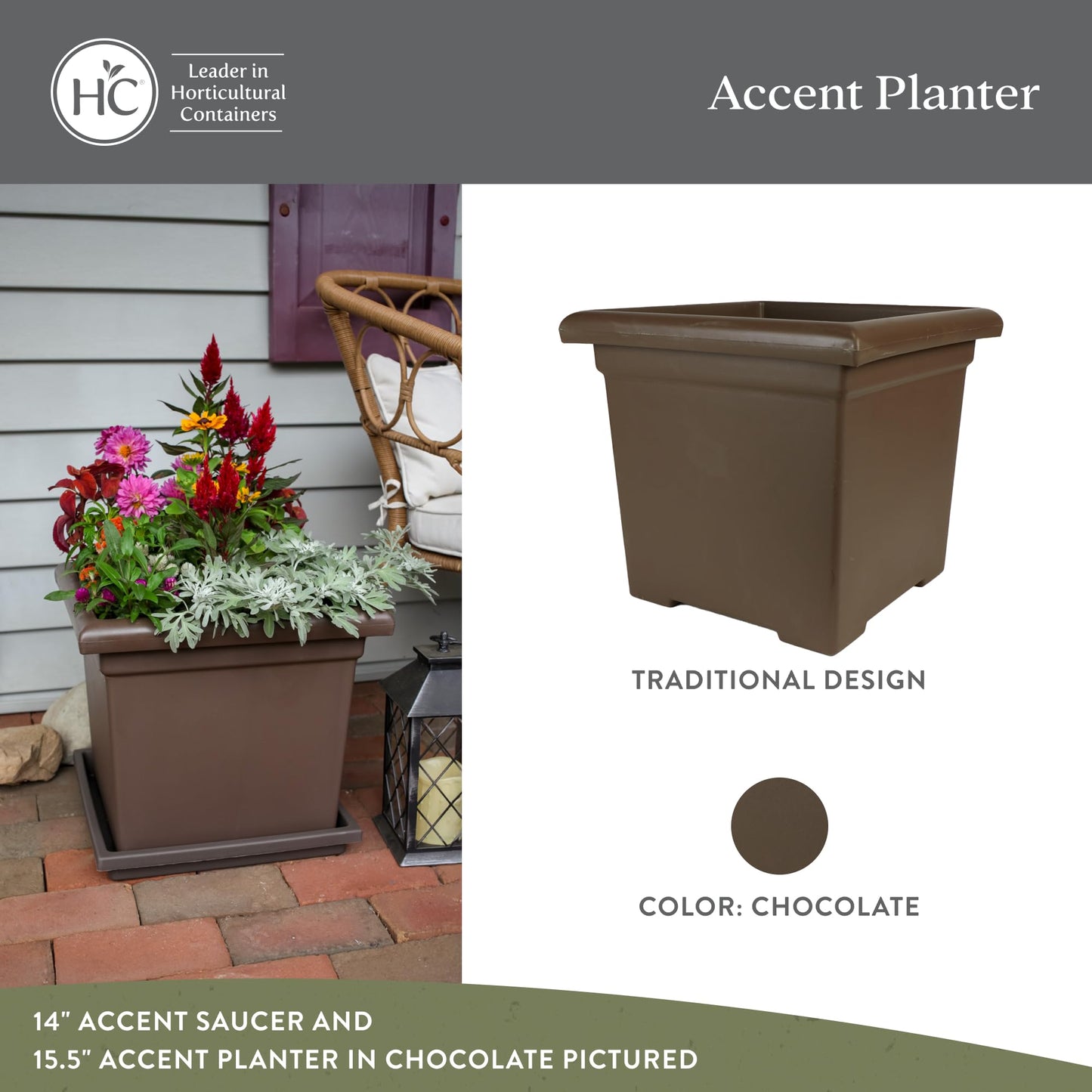 The HC Companies Accent Square Plant Pot w/Drainage - Classic Planters for Outdoor Plants & Indoor Plants - Lightweight & UV-Resistant Square Planter Box (15.5”, Chocolate, Pack of 1)