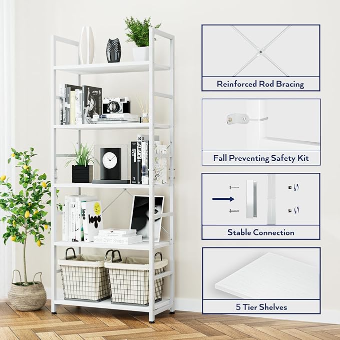 NUMENN 5 Tier Bookshelf, Tall Bookcase Shelf Storage Organizer, Modern Book