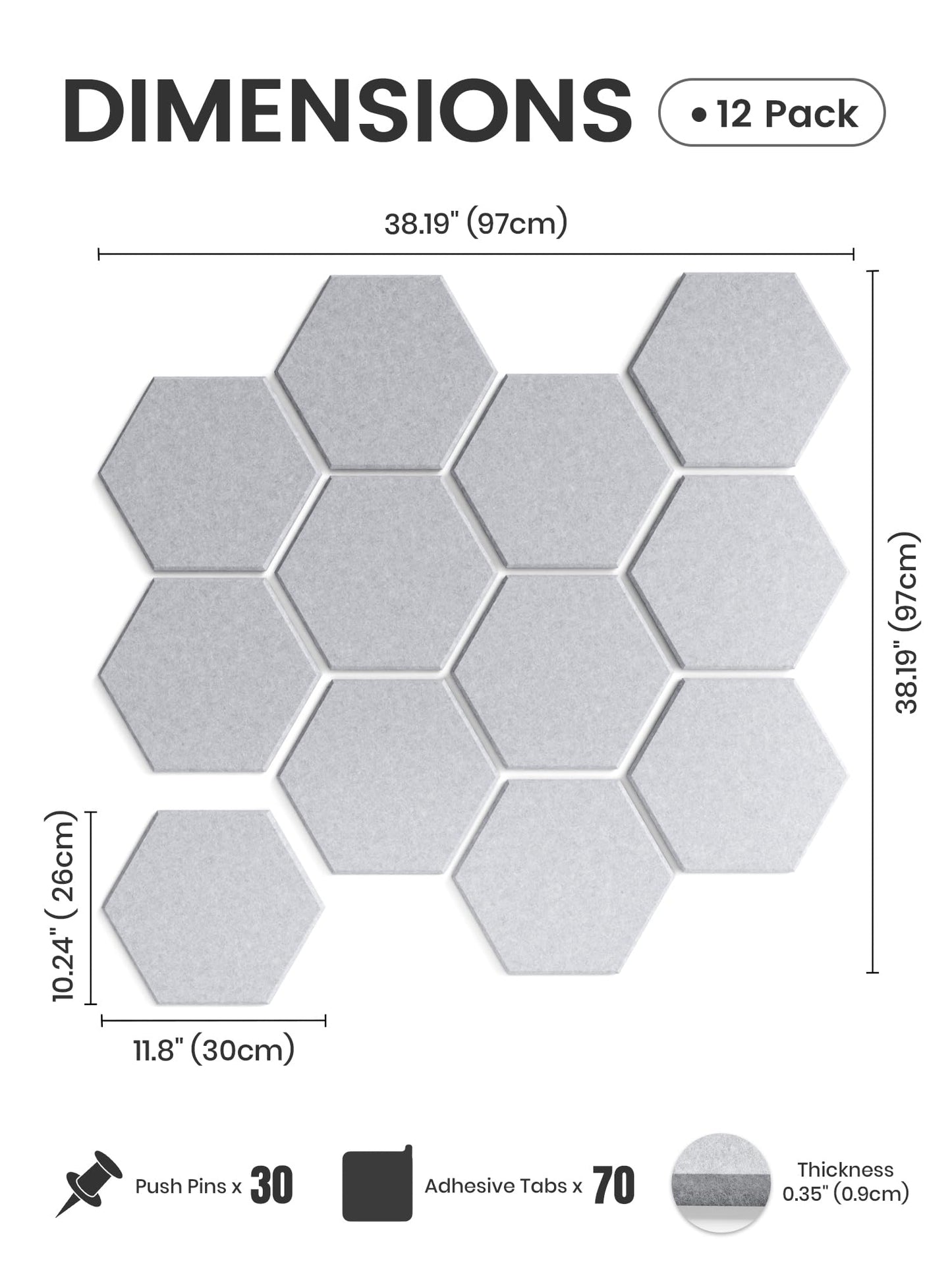 Fluxynara Hexagon Cork Board Alternative for Walls Decor-12-Pack Felt Bulletin Board Tiles,with 30 Pushpins,70 Adhesive Tabs for Office,Classrooms & Home Pin Board Felt Board-Soft Gray