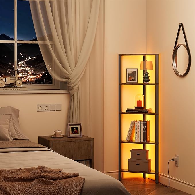 TUTOTAK Corner Shelf with LED Light, 5-Tier Corner Bookshelf