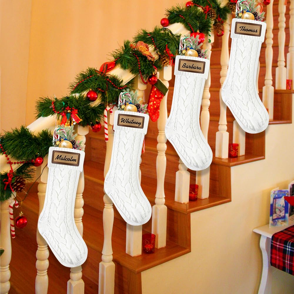 XOYTN 4Pack Christmas Stocking with Leather Patches，18Inches Large White Custom Name Personalized Hanging Cable Knitted Xmas Stockings for Christmas Family Party Fireplace Decor