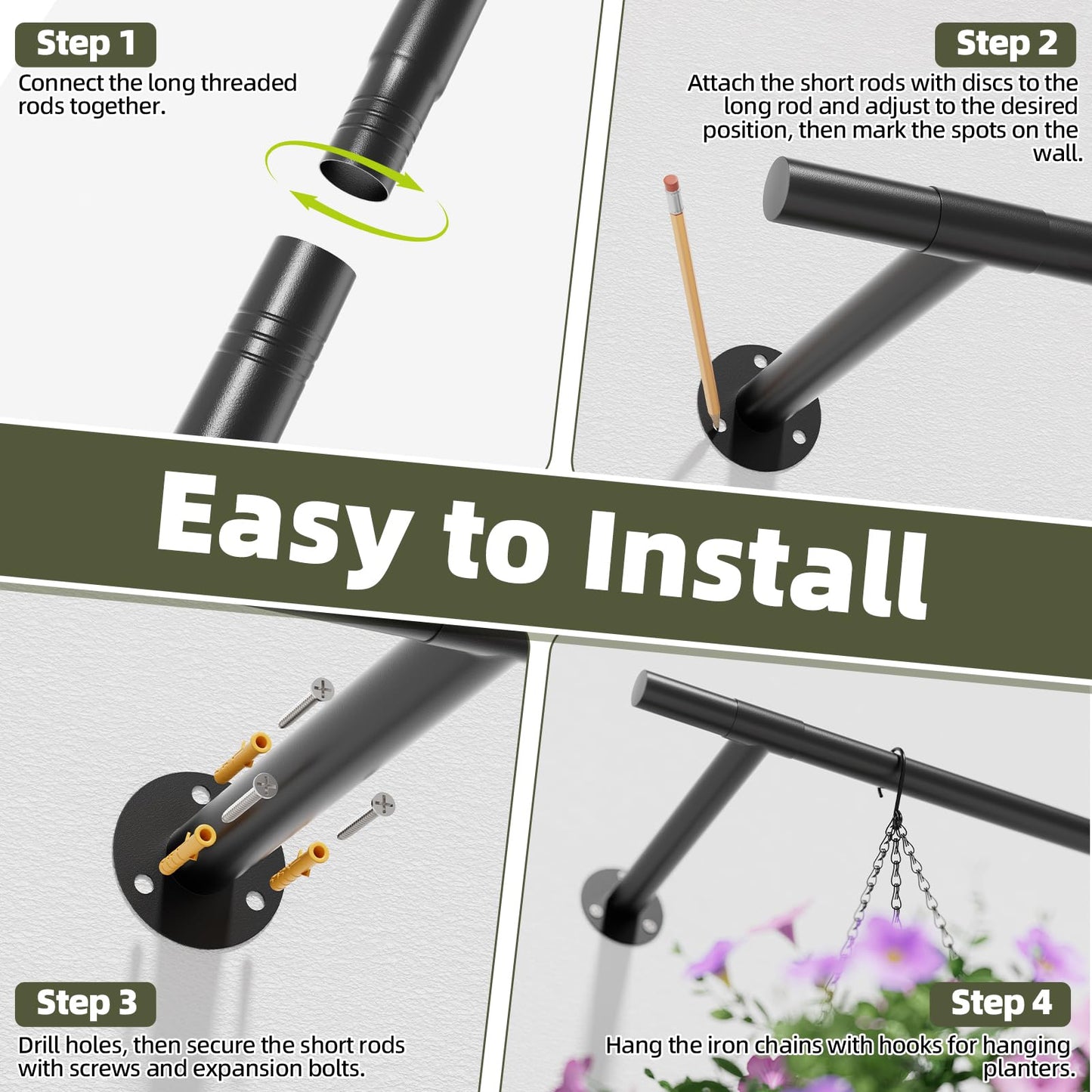 unlumm Plant Hanger Indoor 63 inch, Metal Planters Hanging Rod with 6 Hanging Chains & Hooks, Wall Plant Holder for Indoor Plants, Window, Ceiling, Black, Pots Not Included