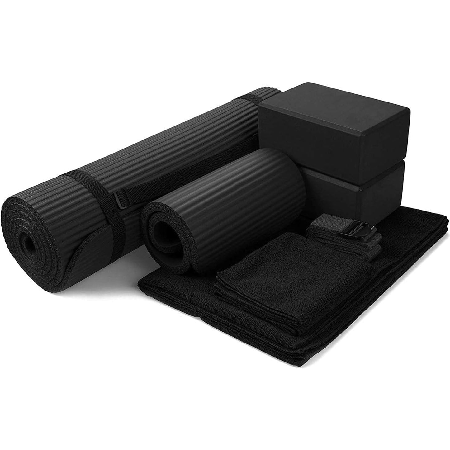 BalanceFrom 7-Piece Yoga Set with 71x24x0.5 Inches Extra Thick Mat and Carrying Sling – Includes 2 Blocks, Stretch Strap, 2 Towels, and Knee Pad for Home, Studio, and Gym Workouts