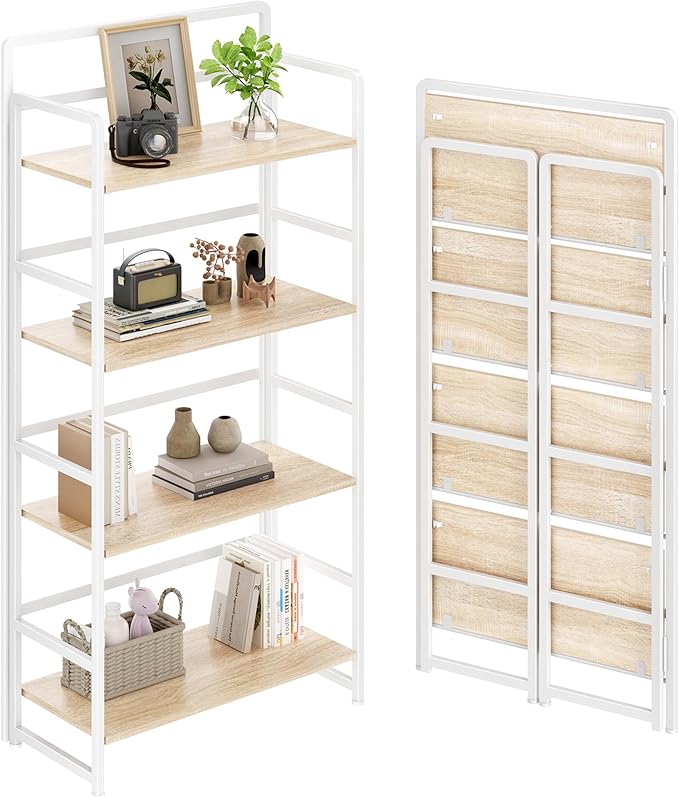 No Assembly Folding Bookshelf, 4 Tiers Collapsible Book Shelf
