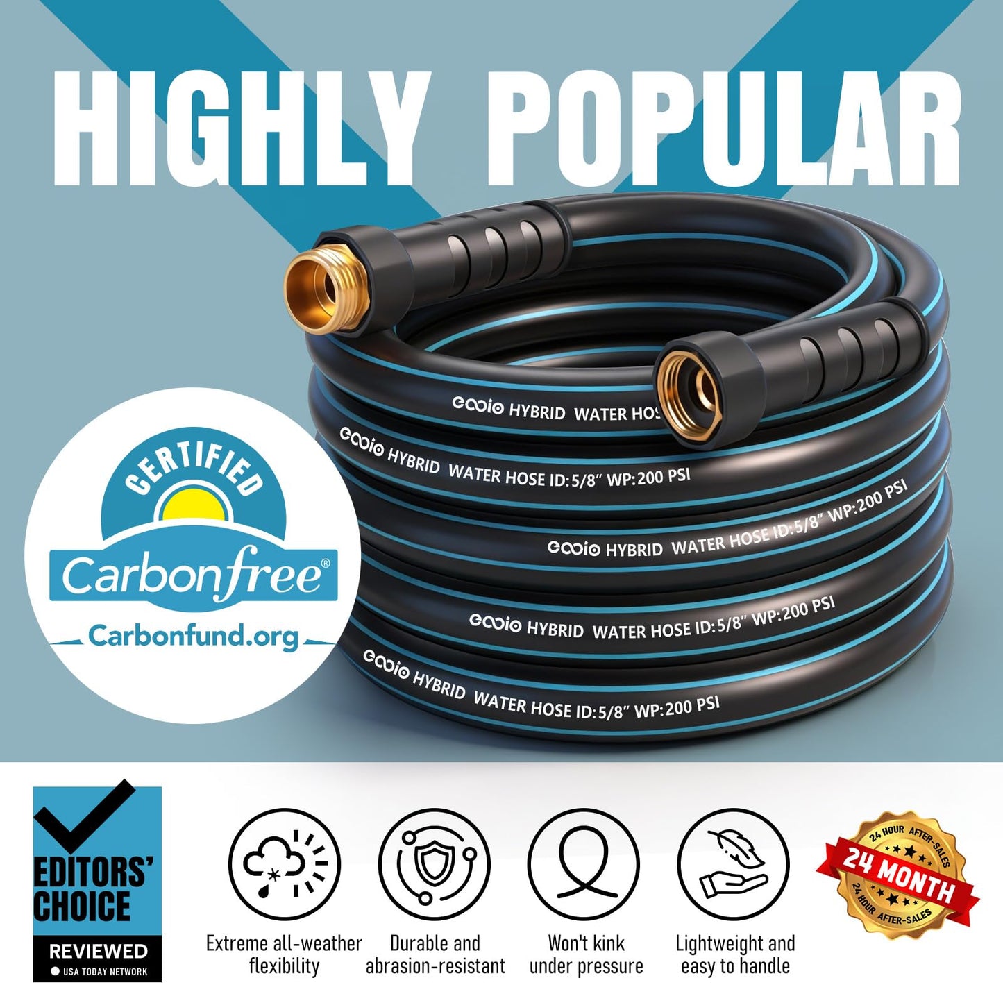 Garden Hose 25 ft x 5/8" with Nozzle, Water Hose Heavy Duty Flexible, Lightweight Kink-less Hybrid Hose with Swivel Handle, Male to Female Fittings