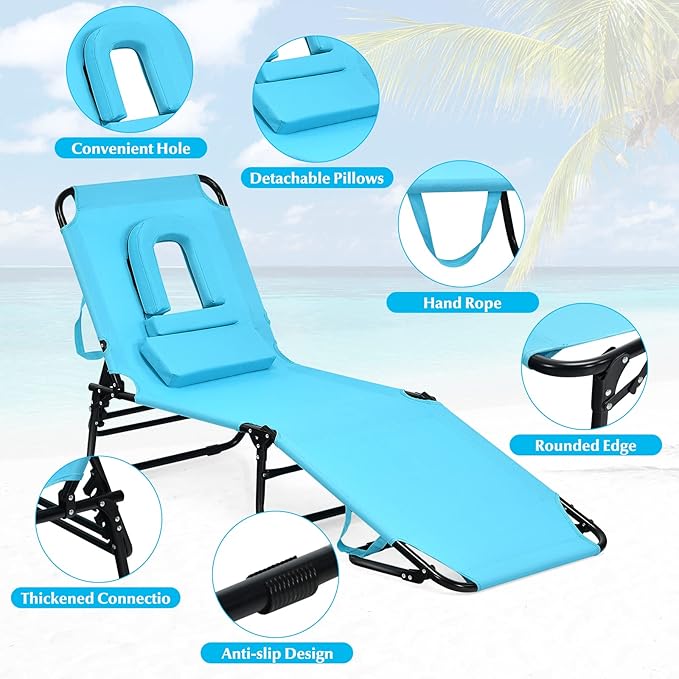 Folding Beach Lounge Chair w/ 5 Adjutable Backrest & Padded Pillow, Sunbathing