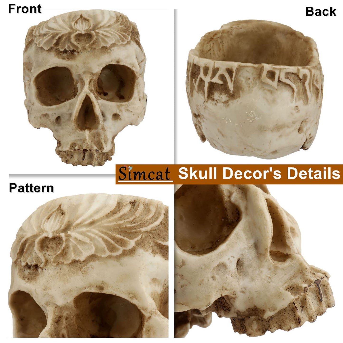 Simcat Resin Skull Planter Flower Succulents Pot Carved Skeleton Flowerpot Sugar Cactus Planter Pots Holder Candy Bowl Halloween Statue Sculpture Skeleton Decor for Home Office