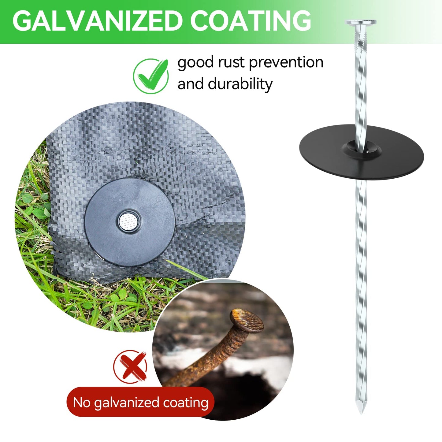 EISENSP 200 Pack Landscape Stakes with Gasket Caps - 6.3 Inch Heavy-Duty Galvanized Steel Garden Spikes are Used to Fixing Weed Barrier, Artificial Lawn, Patio Rug, Etc