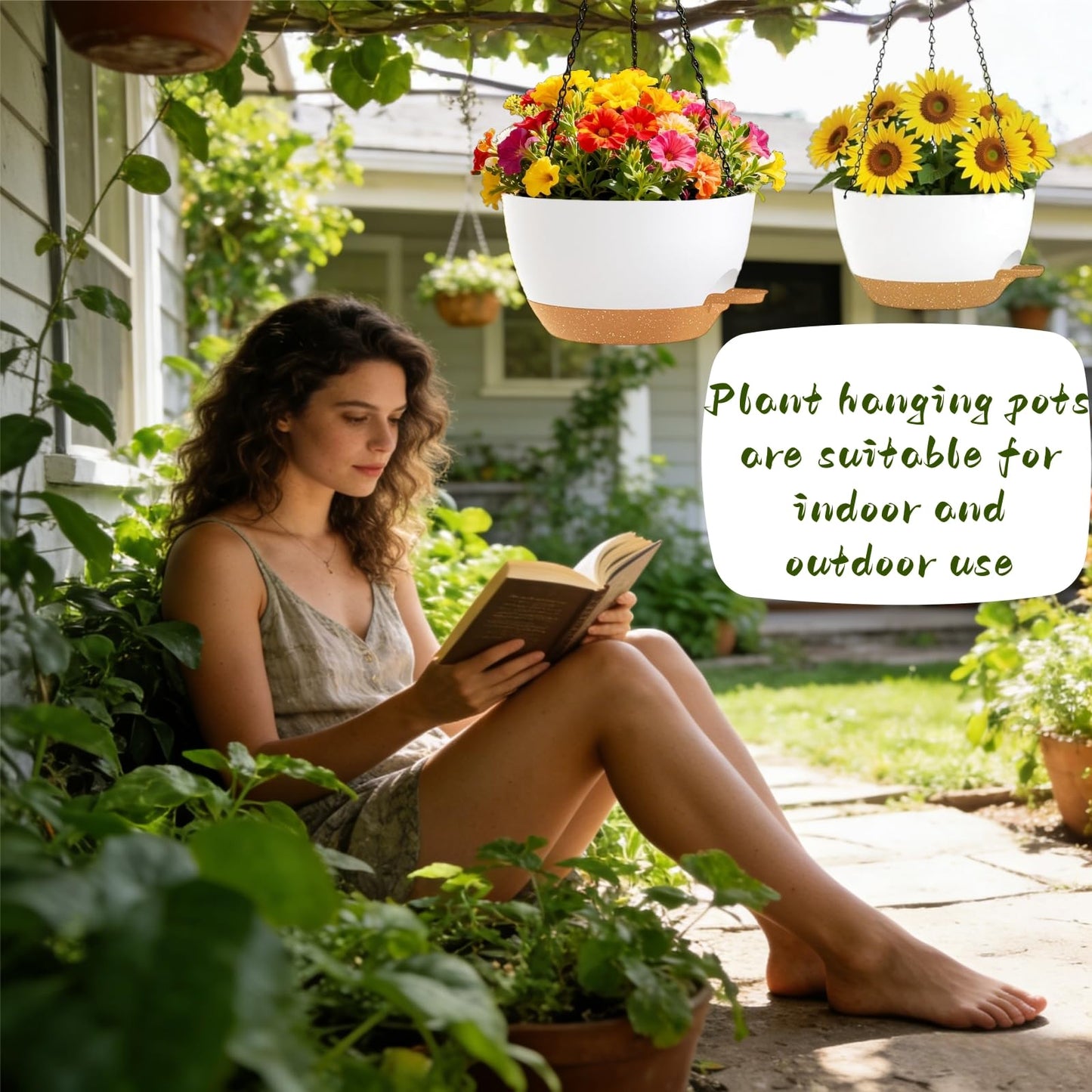 TESSTSY 3 Pack Hanging Planters for Indoor Outdoor Plants, 10 Inch Self Watering Hanging Pots for Plants, Plastic Hanging Flower Baskets for Plants Hanger with Drainage and Tray, Chain (White Brown)