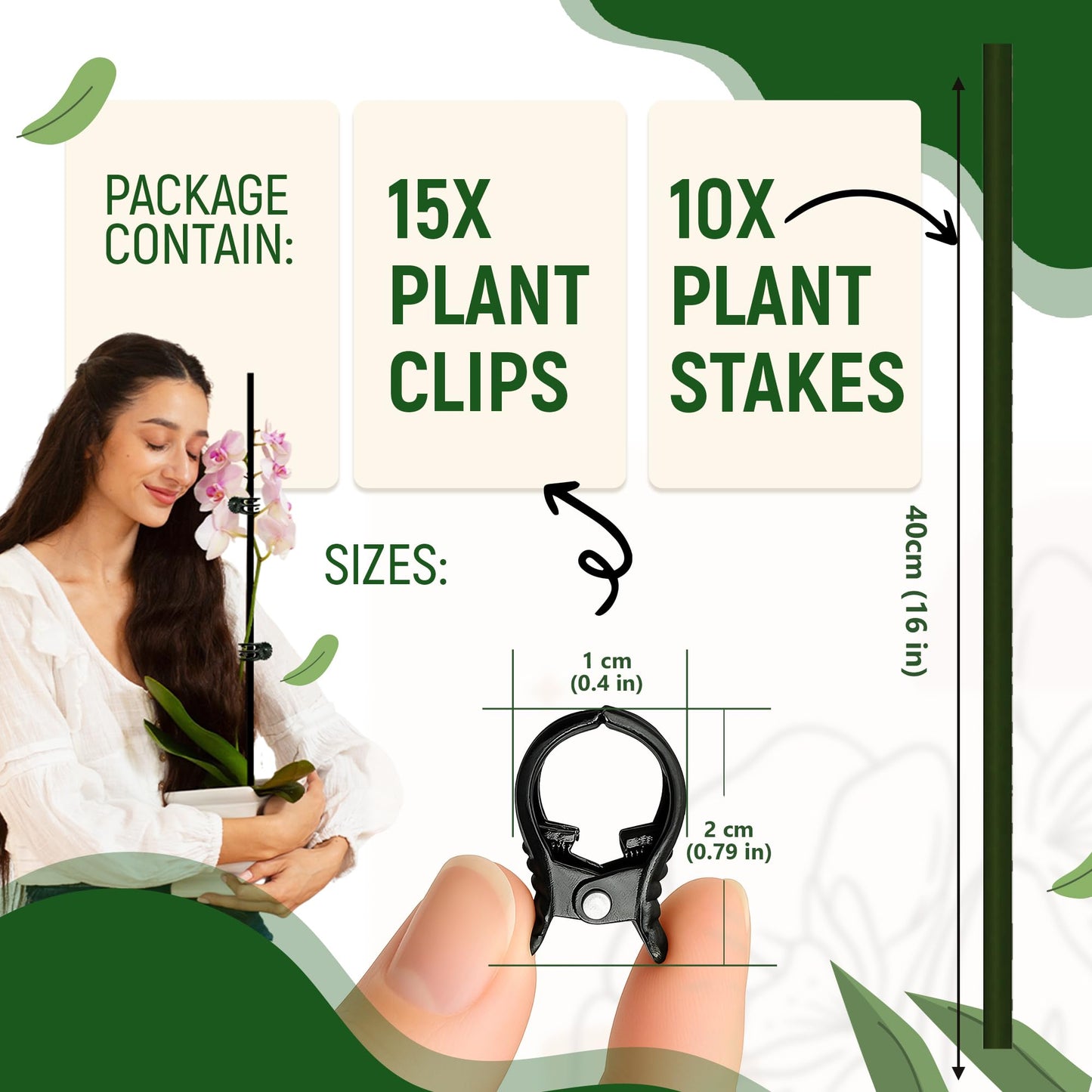 10Pcs Plant Support Stakes for Indoor Plants 16 Inches with 15 Clips, Plant Sticks for Indoor and Outdoor Plants, Tall Bendable Orchid Clips and Single Stem Flower Stakes (Green)