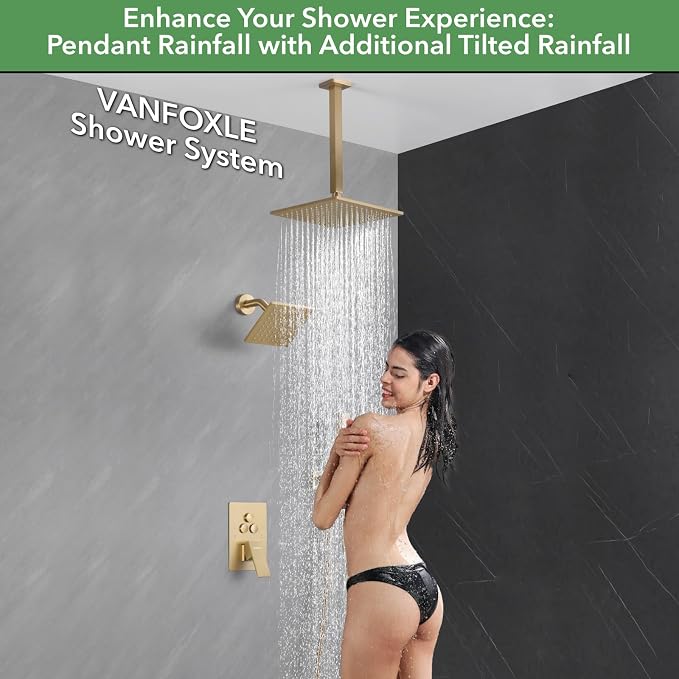 VANFOXLE Shower Faucet Set Brushed Gold Shower System, Push Button Diverter Shower Faucet with Trim Kit, Ceiling Mount 10 Inch Shower Head Increased Thick, 6 Inch Side Shower Head, 2-in-1 Handheld