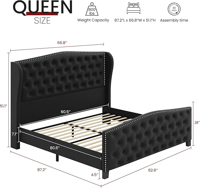 BRELTAM Upholstered Queen Size Bed Frame Velvet Black Tufted Platform Bed Frame