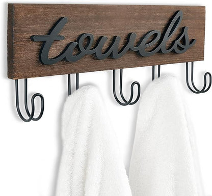 Mkono Towel Holder Wall Mounted Towel Racks for Bathroom Farmhouse Decor Rustic Wood Towel Hooks Hang Towels Bathrobe Coat Clothing 12.6" x 5.2" Bath Towel Hanger Storage Organizer