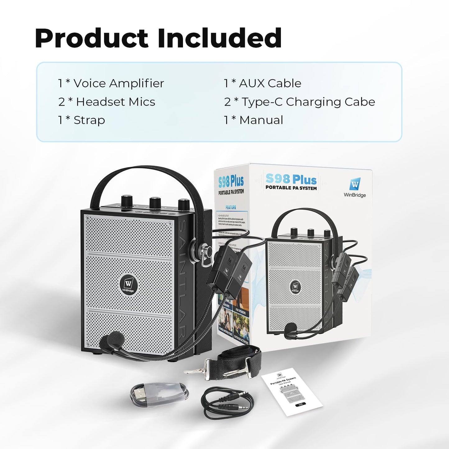 SANMIC 50W Voice Amplifier with 2 Mics,Microphone with Speaker, Portable Sound System with Microphone,Bluetooth Speaker Megaphone for Teachers, Classroom, Outdoor, Events -S98Plus