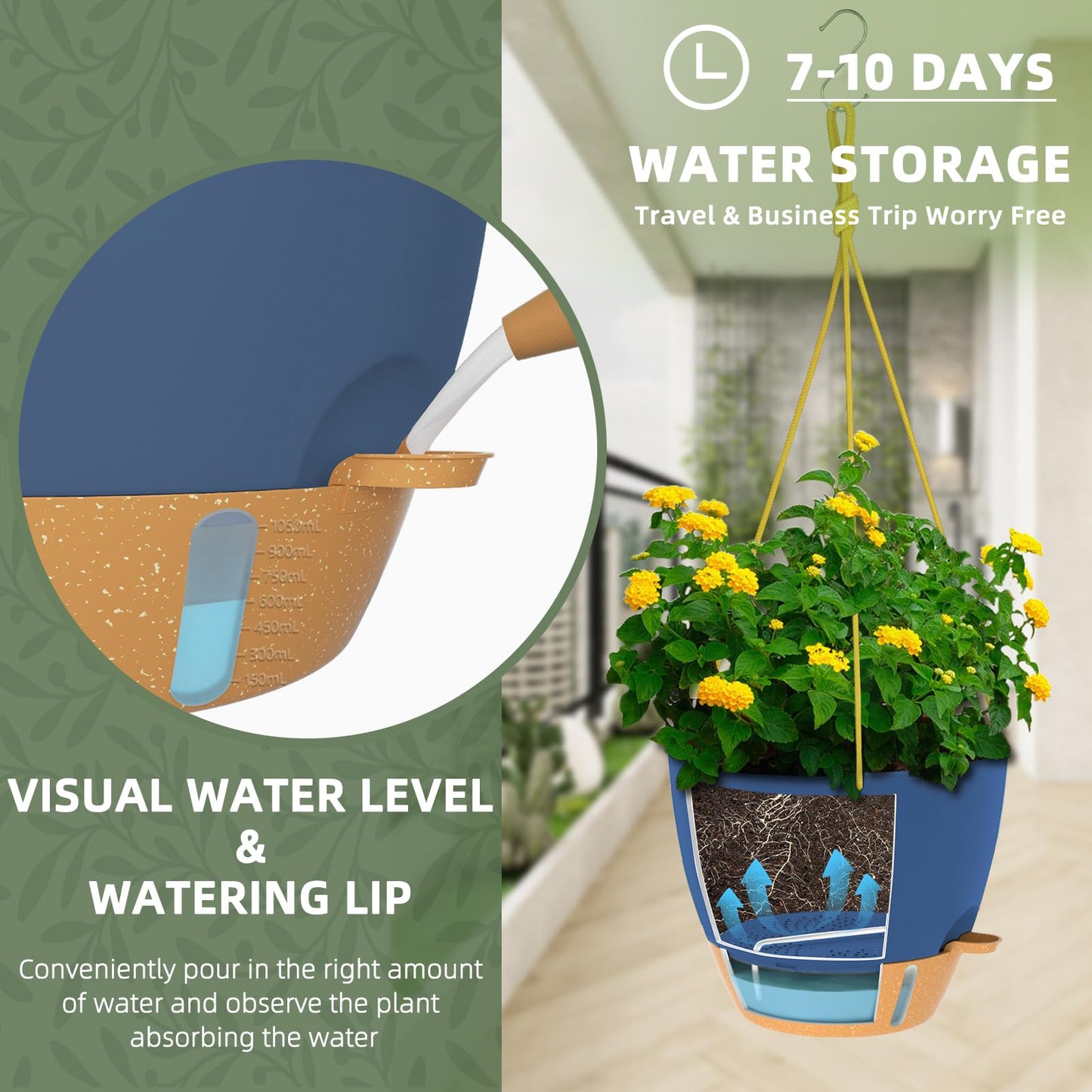ZMTECH Hanging Planter 8 Inch, 2 Pack Hanging Baskets for Plants Indoor, Hanging Flower Pots with Drainage Hole, Visual Reservoir & Plant Hangers for Outdoor Garden Home Decor