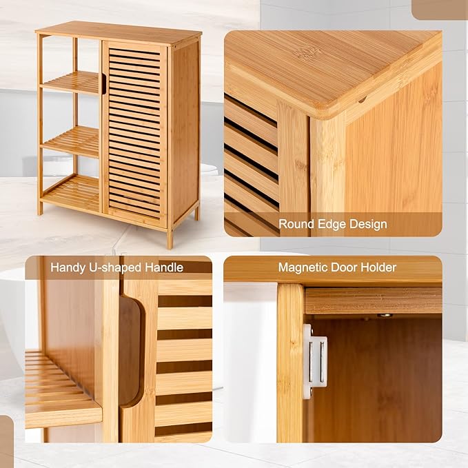 Tangkula Bamboo Bathroom Floor Cabinet, Storage Cabinet