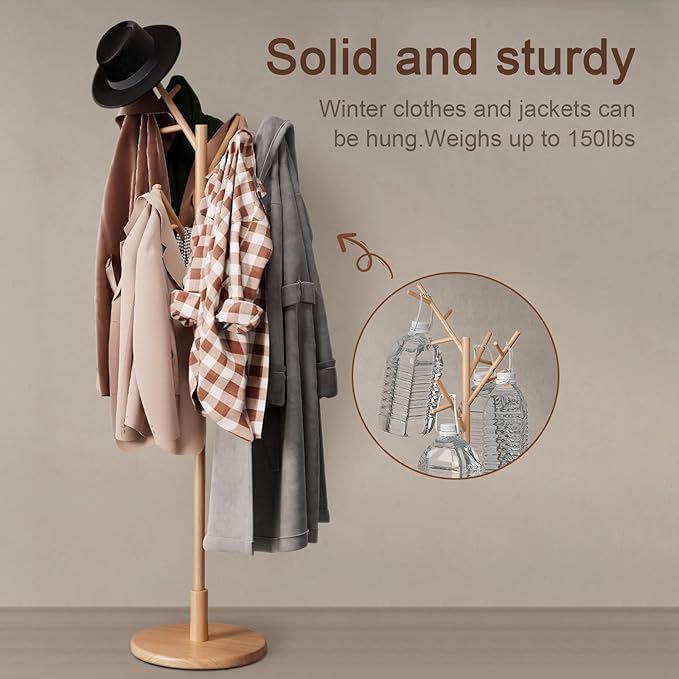 Muwuele Coat Rack, Solid Wood Coat Rack Freestanding