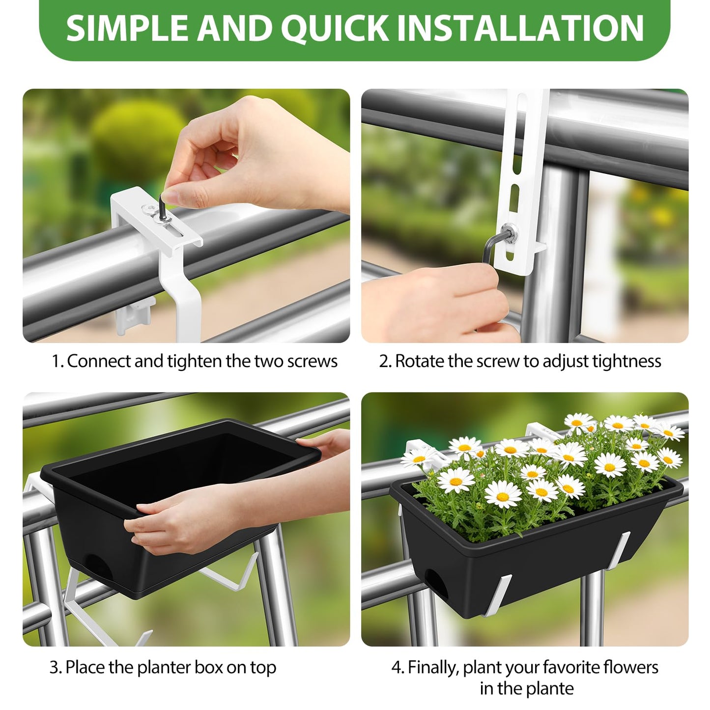 OYEAL Railing Planter Box Outdoor 4 Pack Hanging Balcony Planters 17 Inch Window Boxes Planter with Adjustable Brackets Plastic Flower Pots for Garden Deck Porch Railing Balcony Fence, Black & White