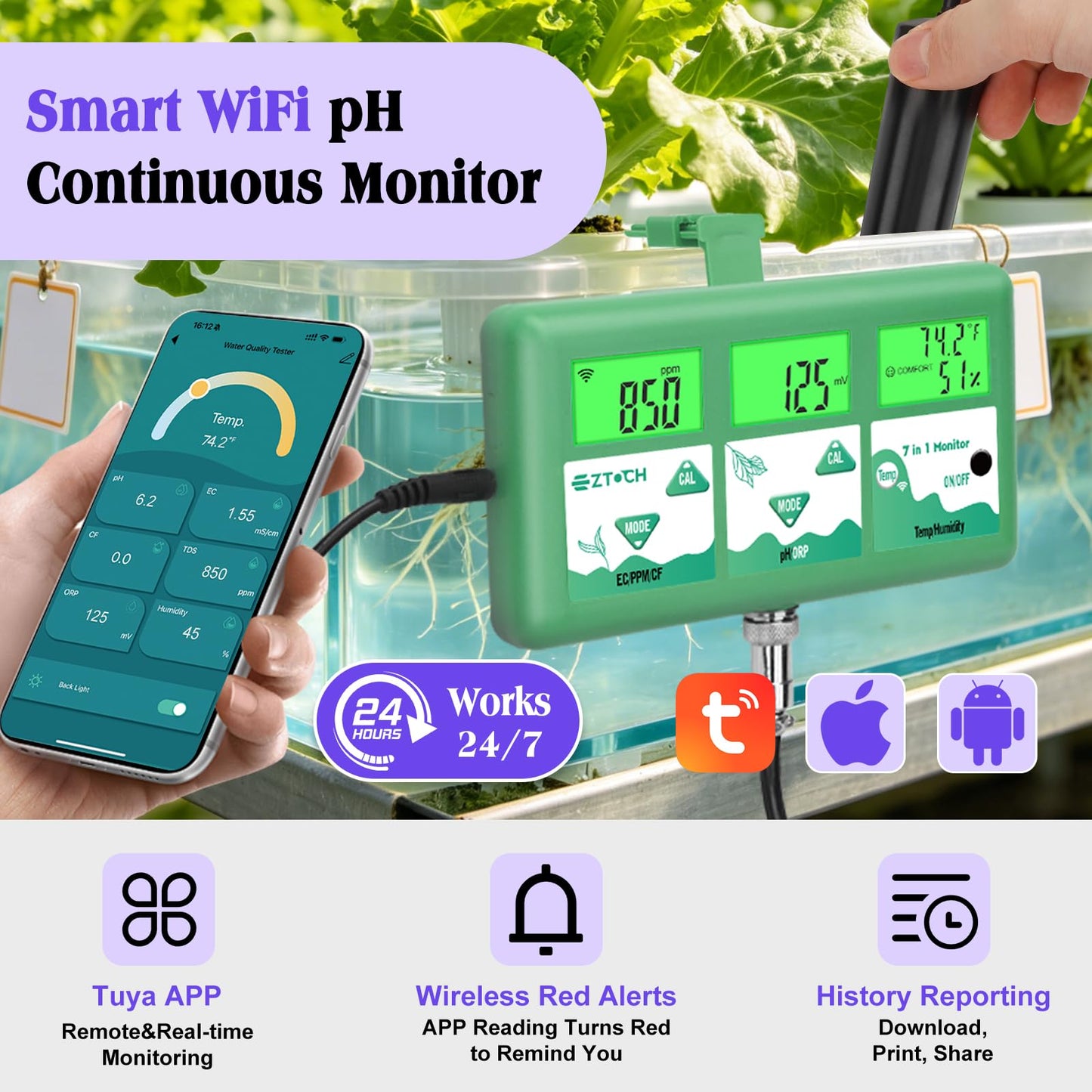 EZTOCH pH Monitor Hydroponic Continuous 7 in 1 EC pH TDS CF ORP Monitor, WiFi Continuous Monitoring pH EC PPM Humidity Temp Meter of Aquaponic, DWC Hydroponic System, Aeroponic Garden