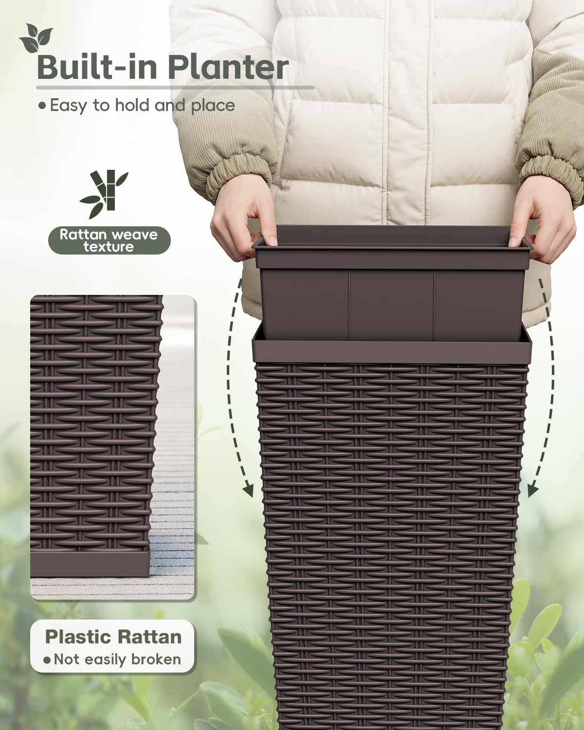 Greesum 23 Inch Tall Plastic Planters (Set of 2), Large Outdoor Flower Pots with Detachable Inner Pot & Drainage Holes for Plants, Trees, Patio, and Garden, Brown