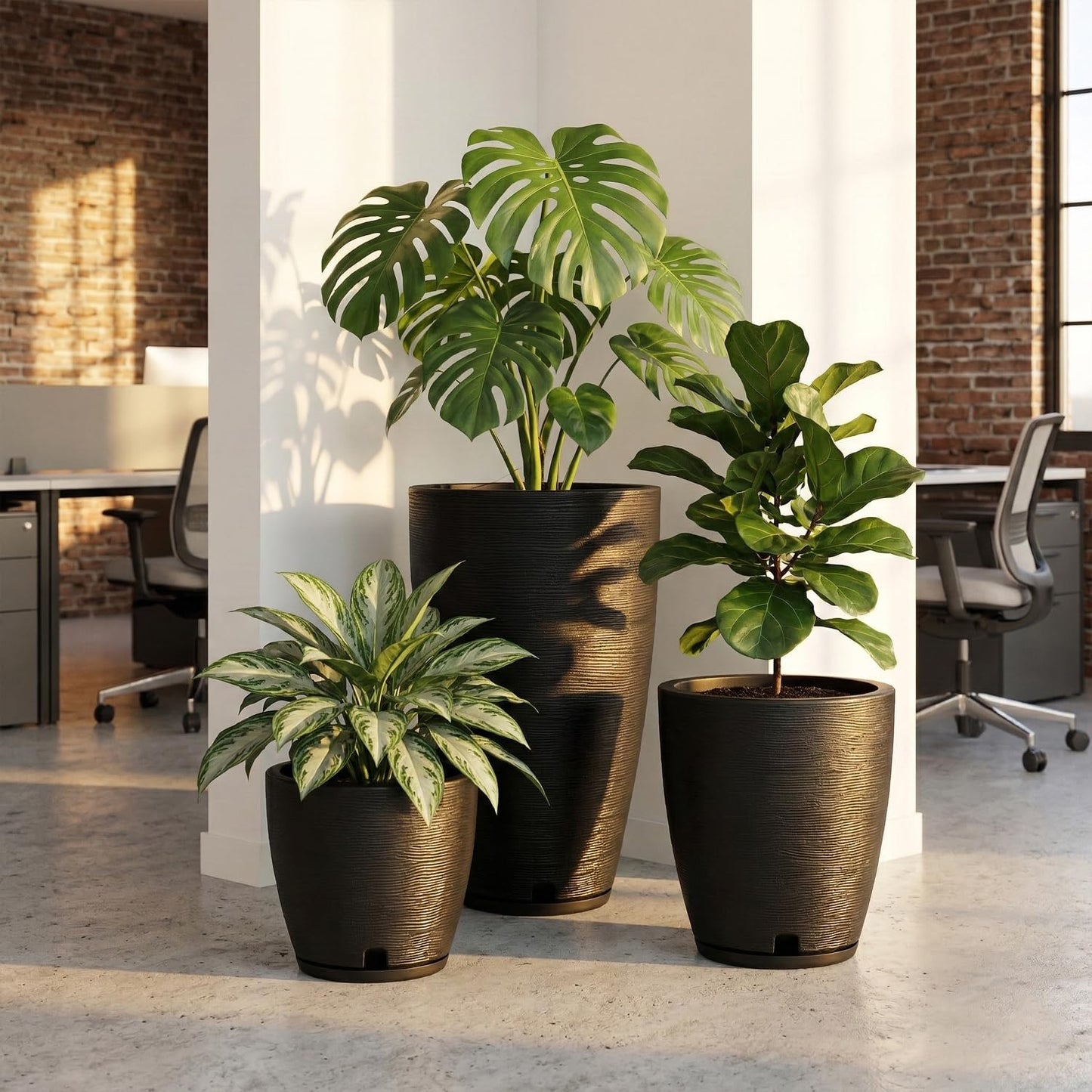 Floridis Set of 3 Black Planters for Indoor Outdoor Plants, 11/17/25 Inch Plastic Plant Pots with Drainage Hole and Saucer for Patio and Front Porch