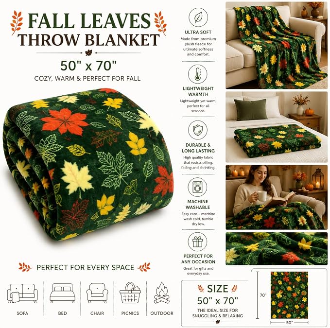 Fall Leaves Throw Blanket: Velvety Soft, Durable Fleece Accent for Bed Chair or Couch, Green Yellow Rust 50 x 70 inches