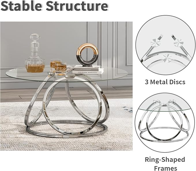 O&K FURNITURE Silver Coffee Table, Modern Glass Coffee Table Living Room Table