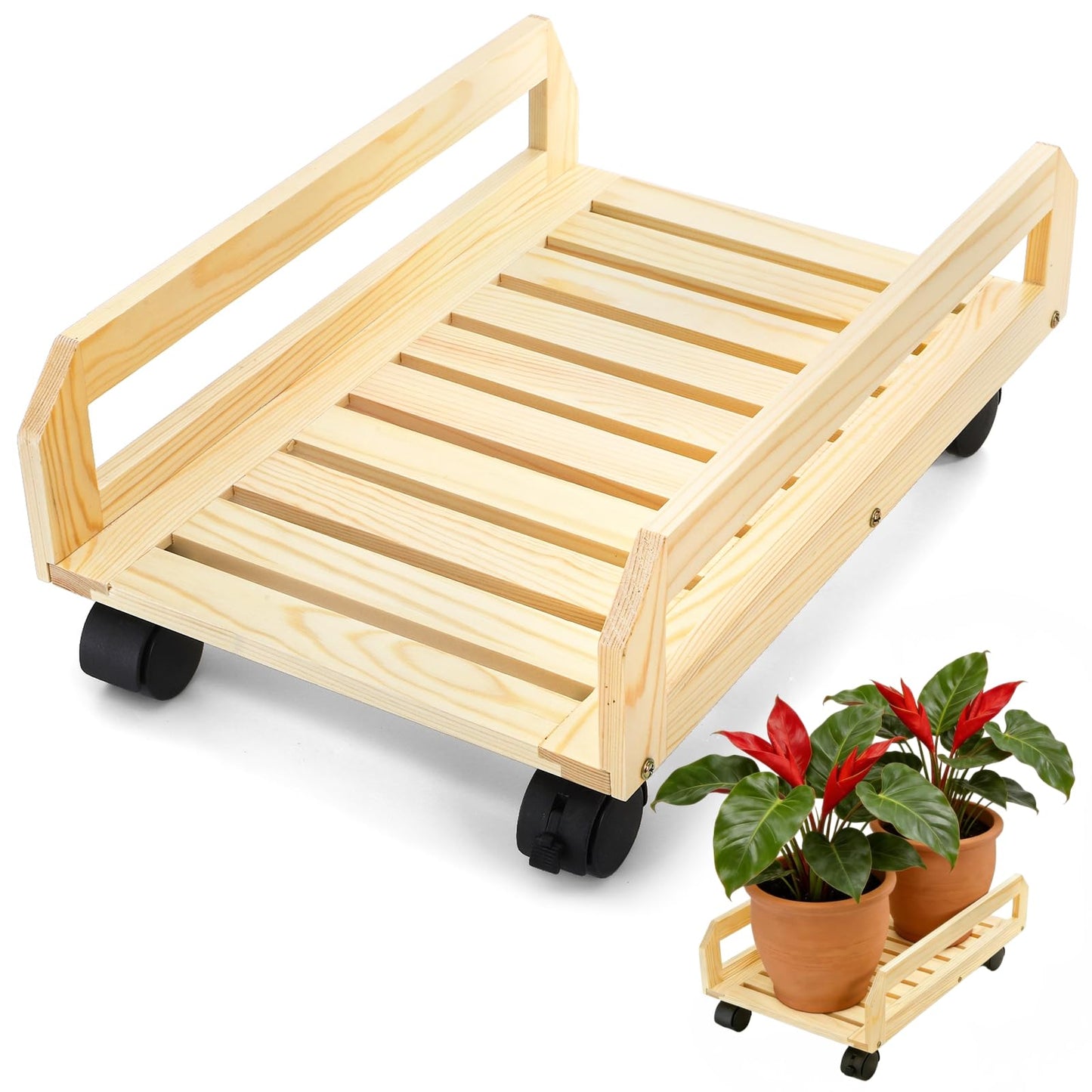 Nagpew Wood Plant Caddy, Heavy Duty Plant Stand with Lockable Wheels, Rectangular Pot Dolly Flower Mover for Indoor Outdoor, Holds up to 150 Lbs