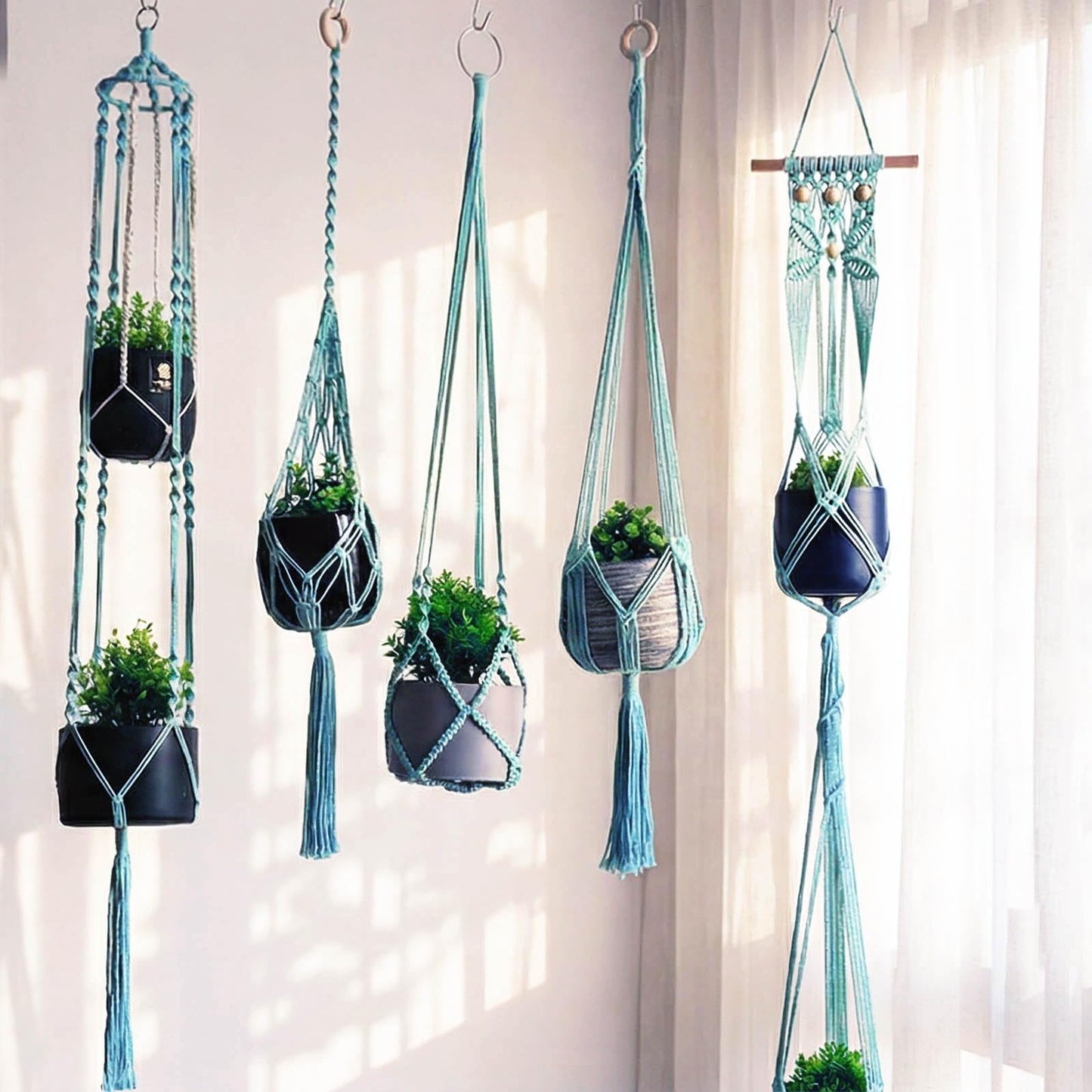Macravine 5-Pack Boho Plant Hangers, Indoor Hanging Basket for Pot, Hanging Planters for Balcony/Home/Window/Porch, Ceiling, Boho-Chic Home Decor, Mint Blue, 40" 50" 63" (No Pot & Plant Included)