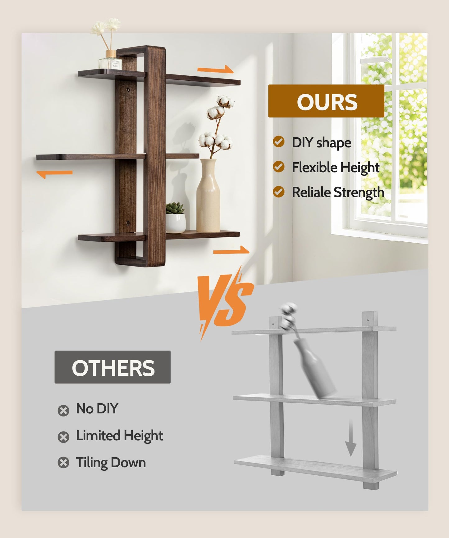SUMGAR Floating Shelves for Wall Walnut Mounted Shelf Unit for Living Room Bedroom Bathroom Mid Century Modern Decorative Storage Plant Photo Display Home Decor 3 Tier Large 20in All Pine