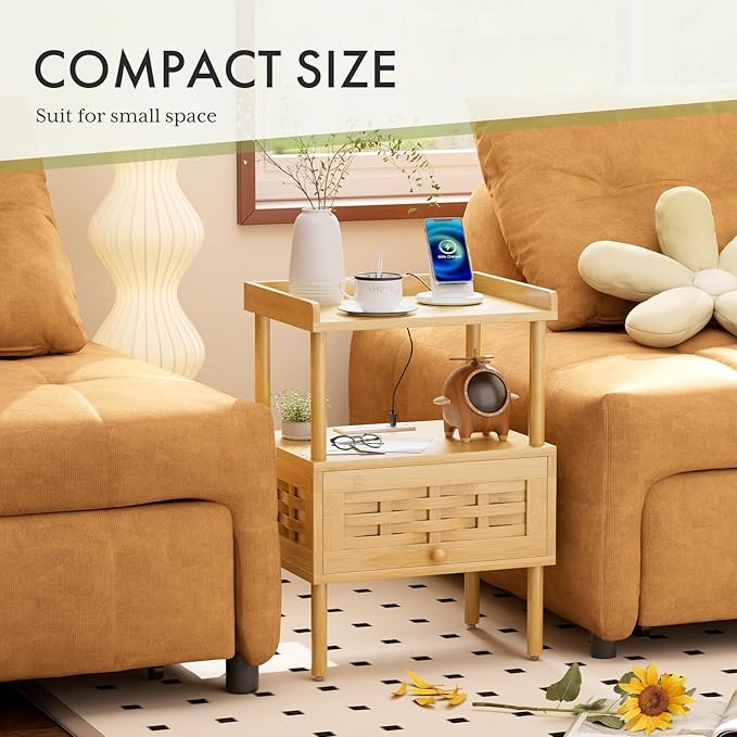 Amazer Nightstand with Charging Station, Bedside Table Bamboo with USB Ports &