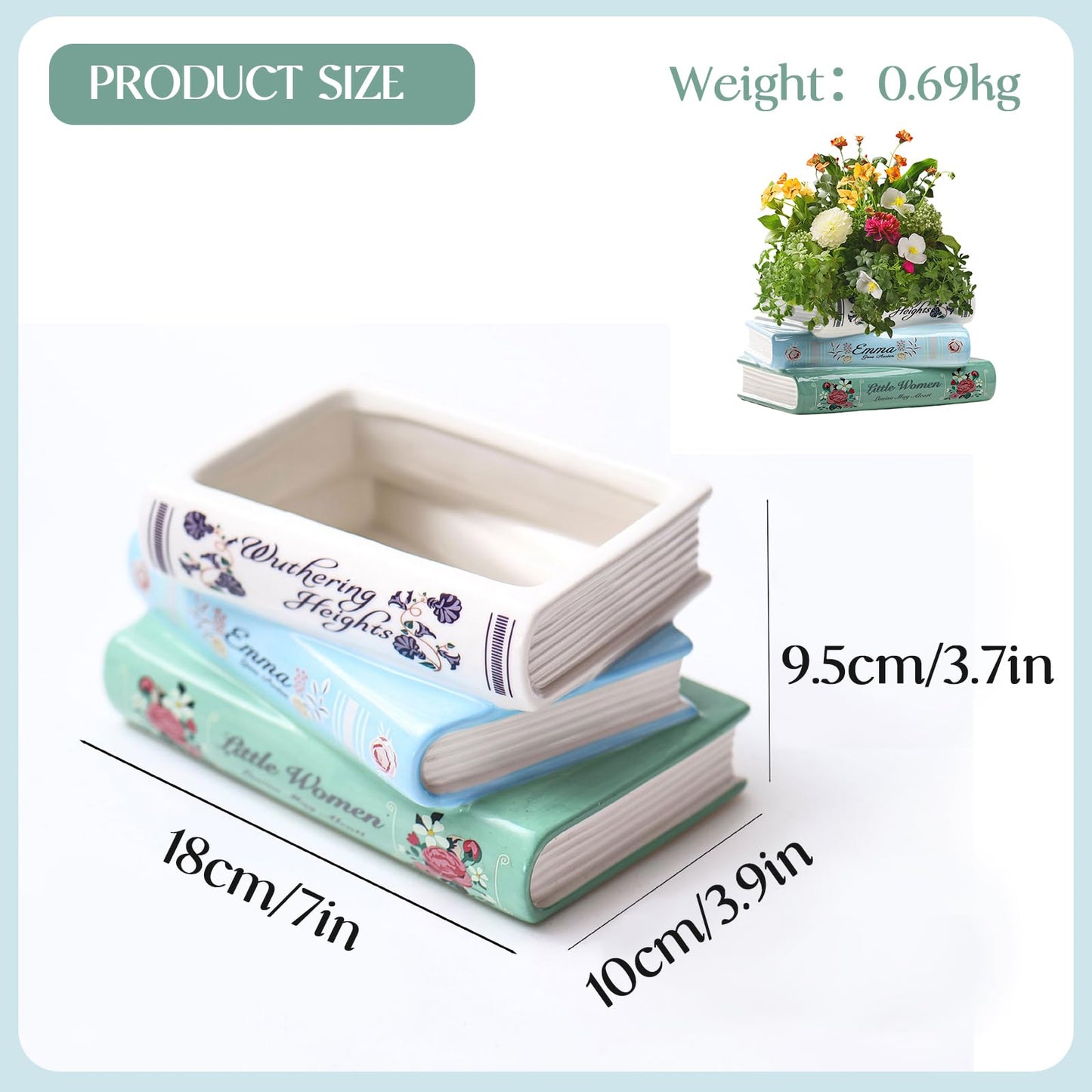 Bookstack Ceramic Planter - Small Flower Vase for Succulents, Air Plants, Desk Decor - Mini Book-Shaped Pot for Bookshelf, Office, Bedroom for Book Lovers (Classic Design) Gifts For Mother Father