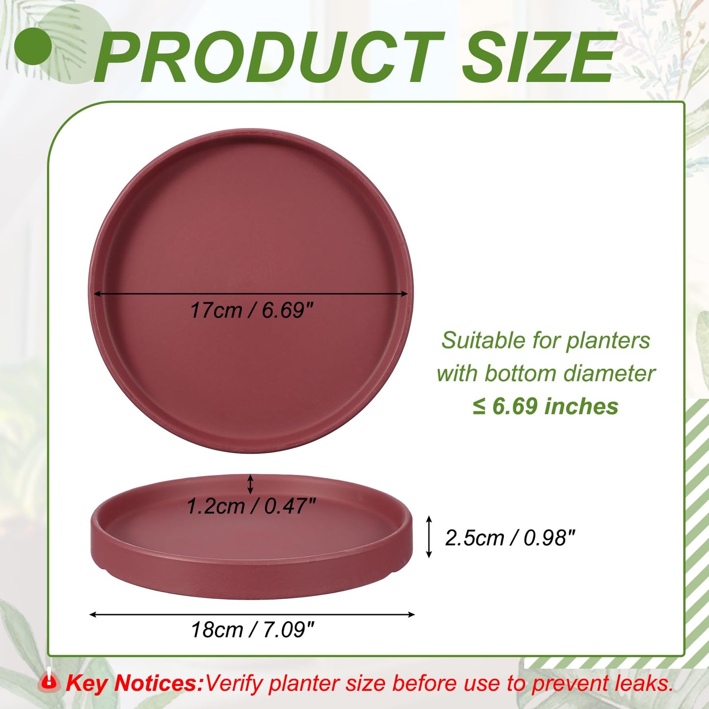 YELARXI 6.7 Inch Ceramic Plant Saucers, Round Flower Planter Water Trays Ceramic Plant Saucer Pot Tray -Fitting for (Outdoor/Indoors/Garden/Planting/Water/Flower/Coffee) Burgundy