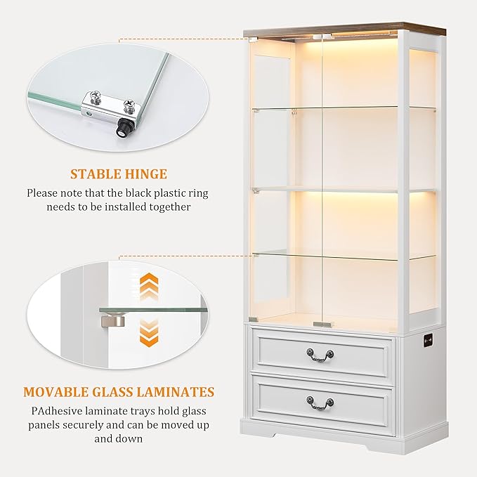FREDEES Display Cabinet with Glass Doors, Tall Bookcase with 3 Color Lights and