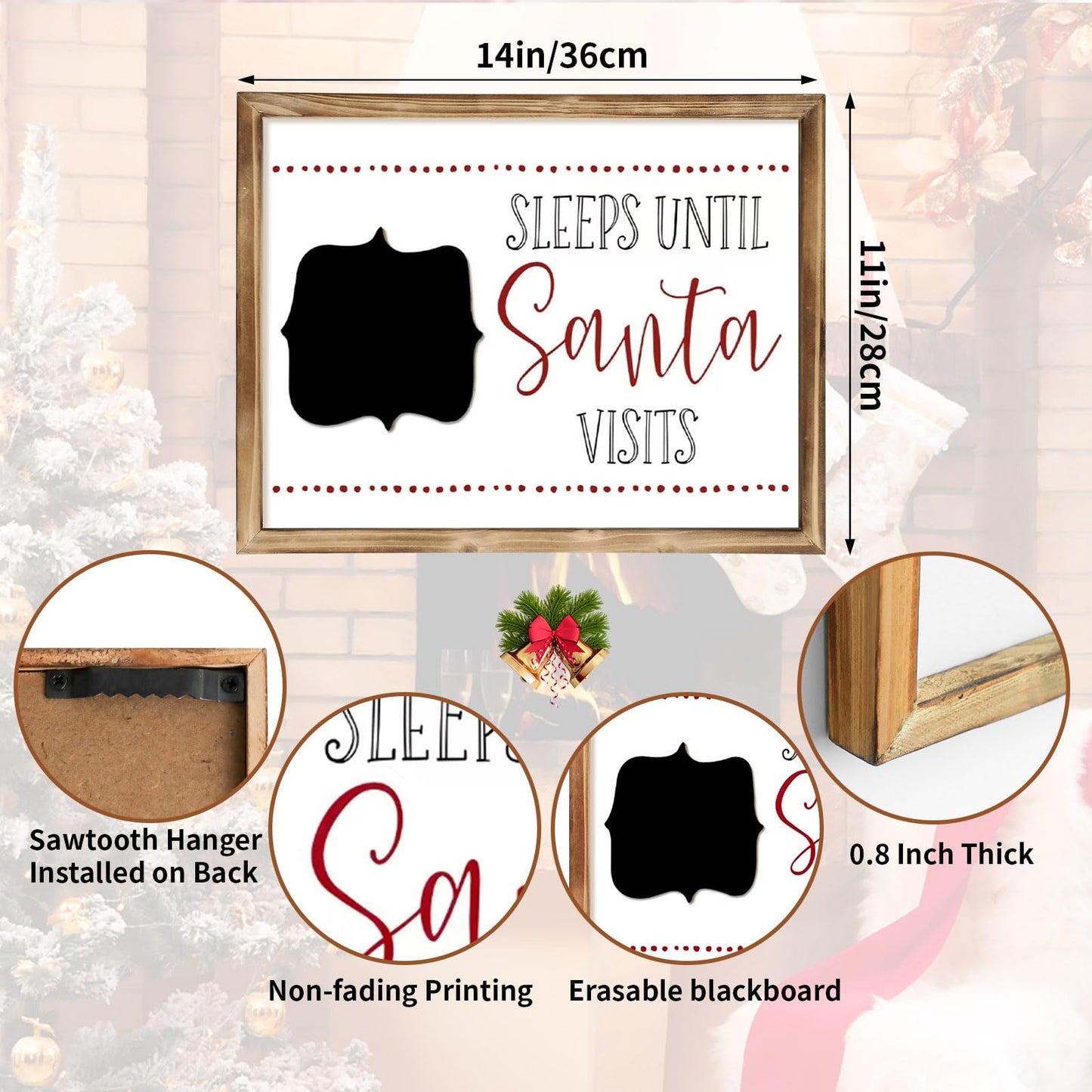MACVAD Merry Christmas Sign with Countdown Chalkboard for Home Indoor Decorations, 14" Rustic Farmhouse Merry Christmas Block Wooden Sign with Erasable Chalkboard for Mantel, Wall & Tabletop