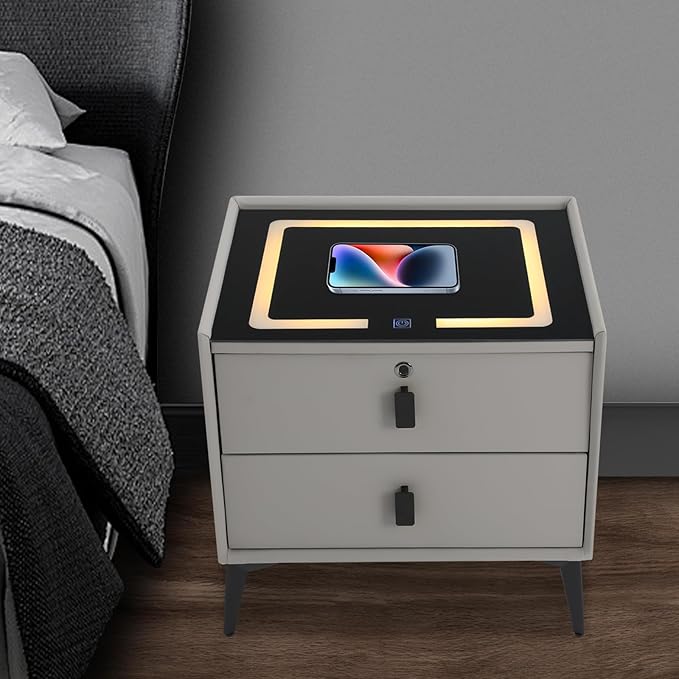 Smart Nightstand w/Fingerprint Lock Drawers, Smart Bedside Table w/USB Charging