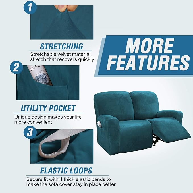 H.VERSAILTEX Velvet Stretch Recliner Couch Covers 6-Pieces Recliner Loveseat
