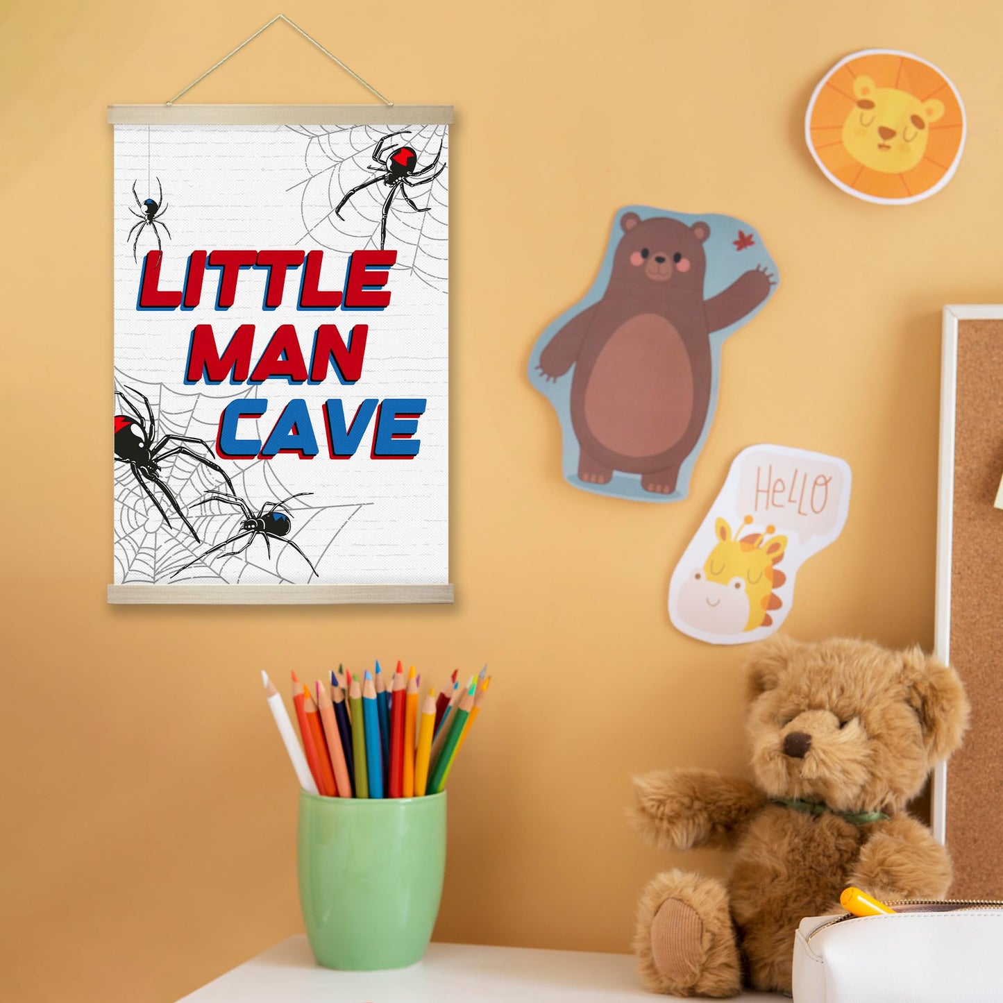 RZQIJ Spider Little Man Cave Sign Hanging Wall Flags Canvas Banner 12x16 Inch - Baby Boy Nursery Decor for Room, Bedroom, Playroom - Nursery Wall Decor - Poster Hanger Frame for Kids(036)